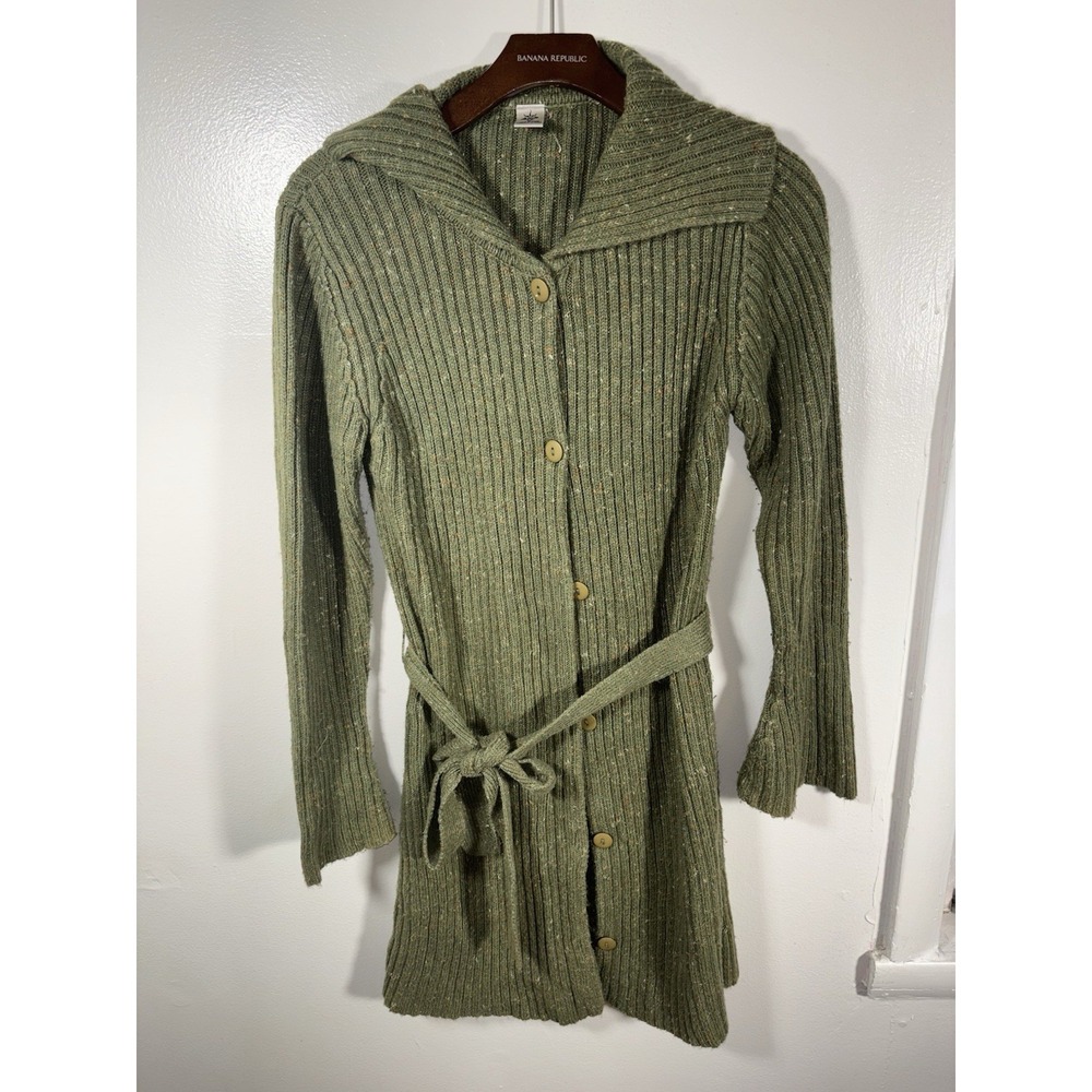 Vtg Prana Y2K Goblincore Duster Cardigan Longline Green Thick Knit 70s Boho Sz M - Picture 2 of 5